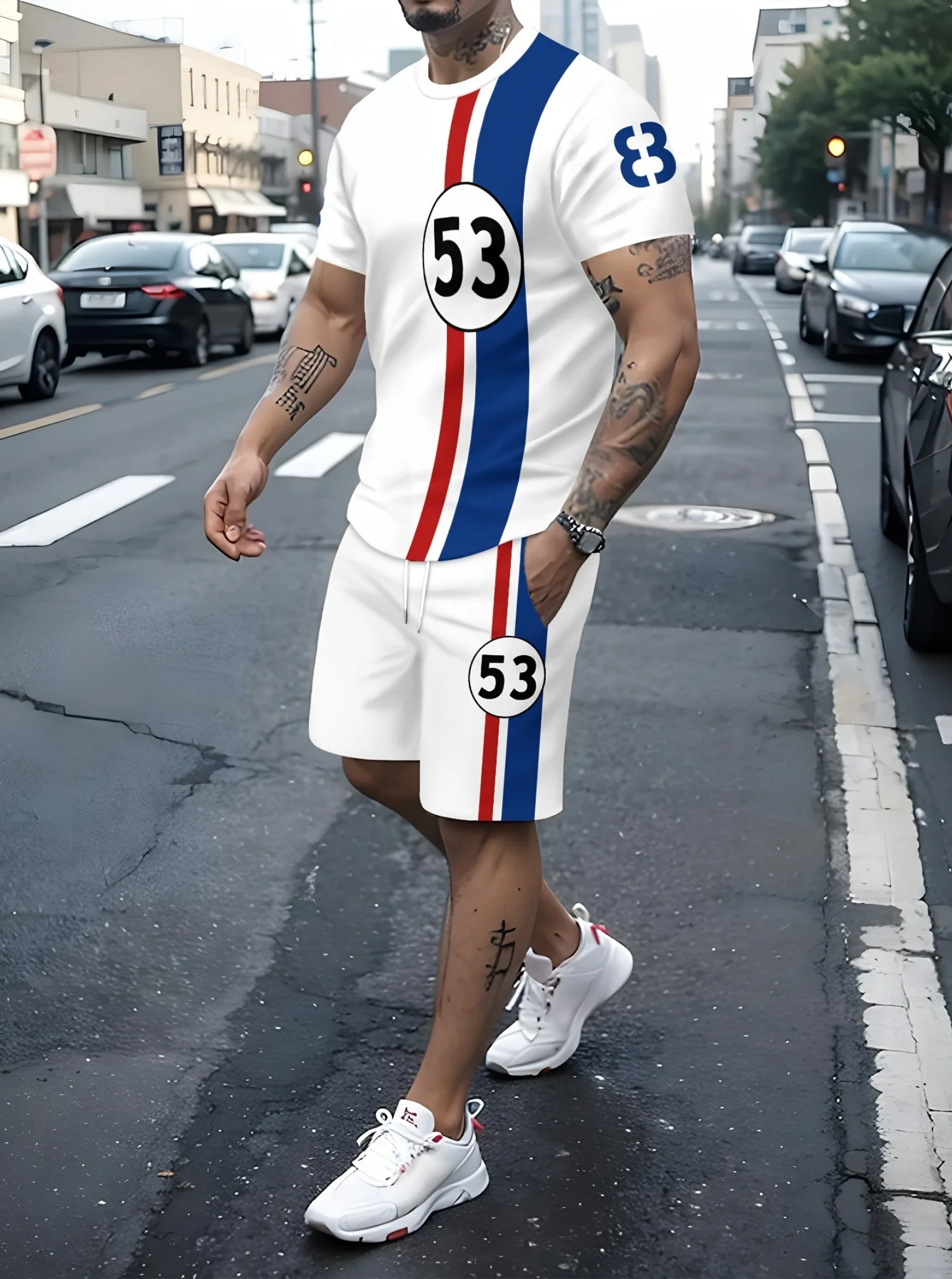 

New in No.53 stripe Print Men's Casual Short Sleeve T-Shirt Shorts Set Adult Basketball Jogging 2 Piece Set men Clothing