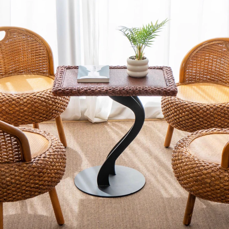 ti-Bay Window Side Table with Woven Rattan Tatami Tea Desk for Floor Sitting Black Frame Coffee Table
