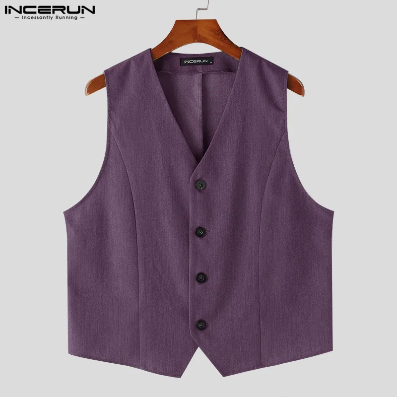 INCERUN Men Vests Solid Color V Neck Sleeveless Button Casual Male Waistcoats Streetwear 2024 Fashion Leisure Vests Men S-5XL