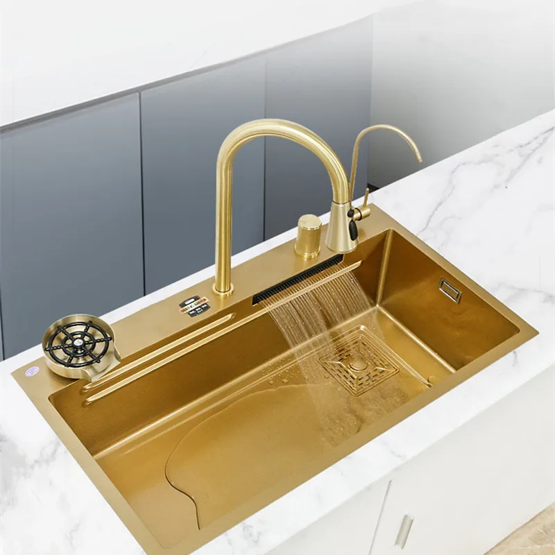 304 Stainless Steel  Gold Kitchen Sink Waterfall Sink Large Single Slot Gold Wash Basin Suitable for Kitchen Decoration