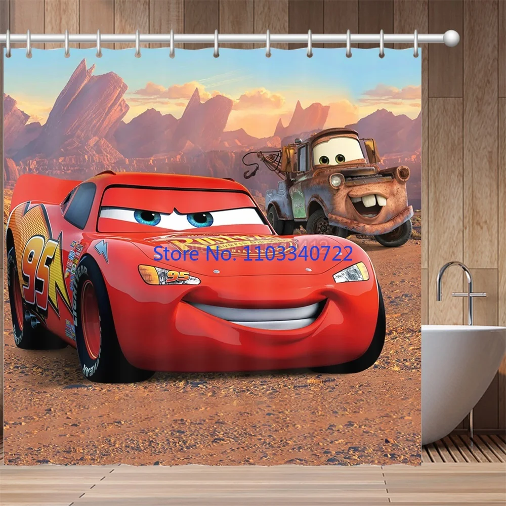 Anime Red Lightning McQueen Cars Shower Curtain 1pcs Cartoon Bath Screen Curtains with Hooks for Bathroom Decor Waterproof