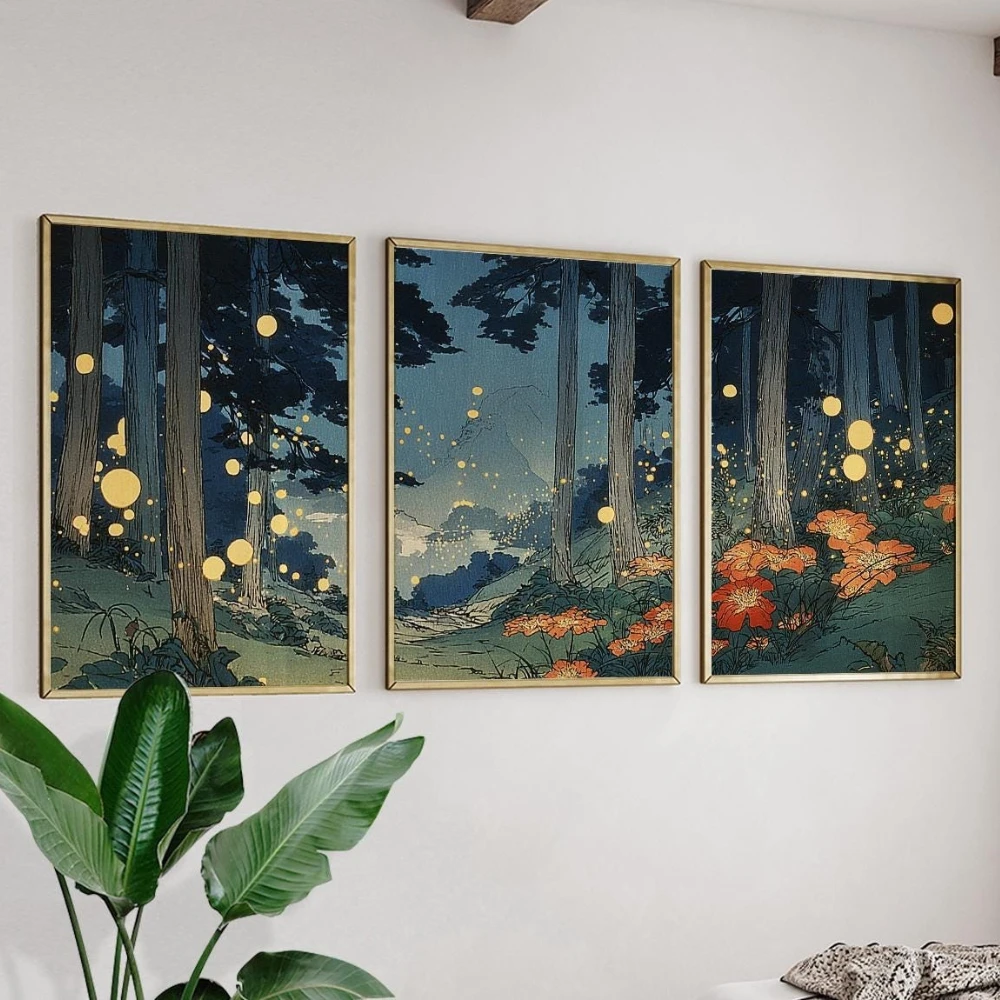 3pcs frameless Canvas Painting Forest Firefly Poster Set of 3 Japanese Woodblock Print Wall Art Decor Canvas Poster Prints Home