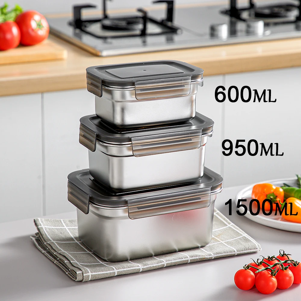 Airtight 304 Stainless Steel Food Storage Contaniner Portable Lunch Box Refrigerator Sealed Crisper Picnic Food Metal Bento Box