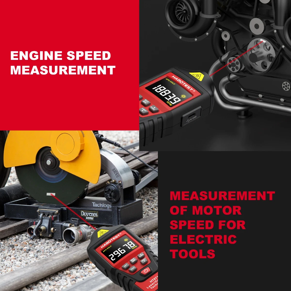 HABOTEST HT671 2-in-1 contact and non-contact laser tachometer (switchable mode) 10-99999 counting range rechargeable tachometer