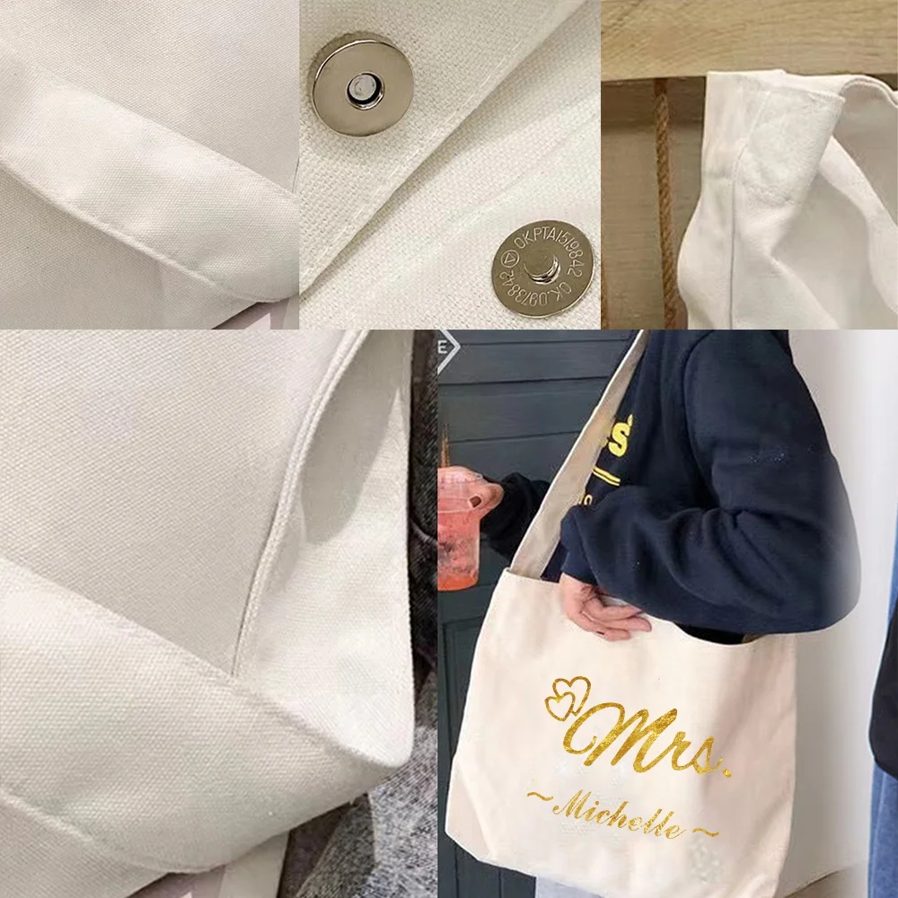 Customized Name White Shoulder Bag New Women's Canvas Shoulder Bag Multi Functional Shoulder Bag Gold Letter Pattern
