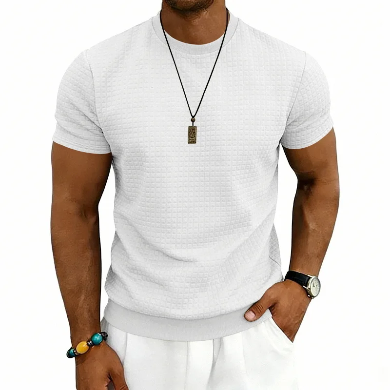 European and American retro summer sports old money style simple casual round neck jacquard checkered short-sleeved T-shirt
