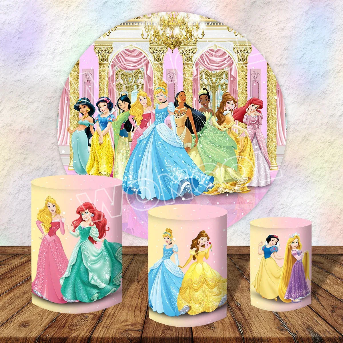 Princess Birthday Round Backdrop Aurora Snow White Ariel Belle Rapunzel Tiana Cinderella Backdrop Disney Princess Cylinder Cover