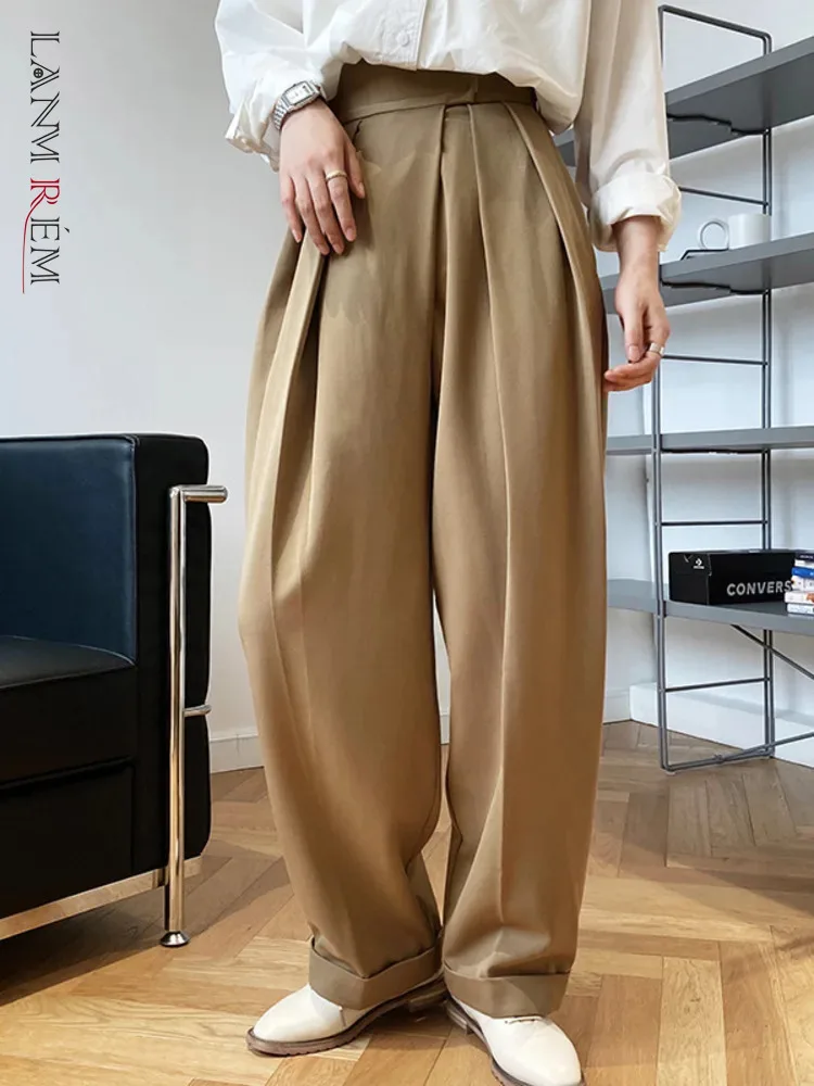 [LANMREM] Pleated High Waist Suits Pants For Women High Waist Straight Wide Leg Trousers Office Lady 2024 Autumn New 26D8924