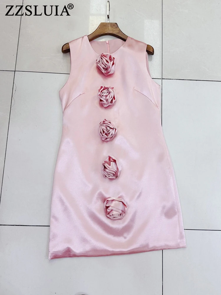 

ZZSLUIA Single 3D Flower Appliques Designer Slim Dresses Fashion O Neck Sleeveless Tank Dress Mini Dresses Female Clothing