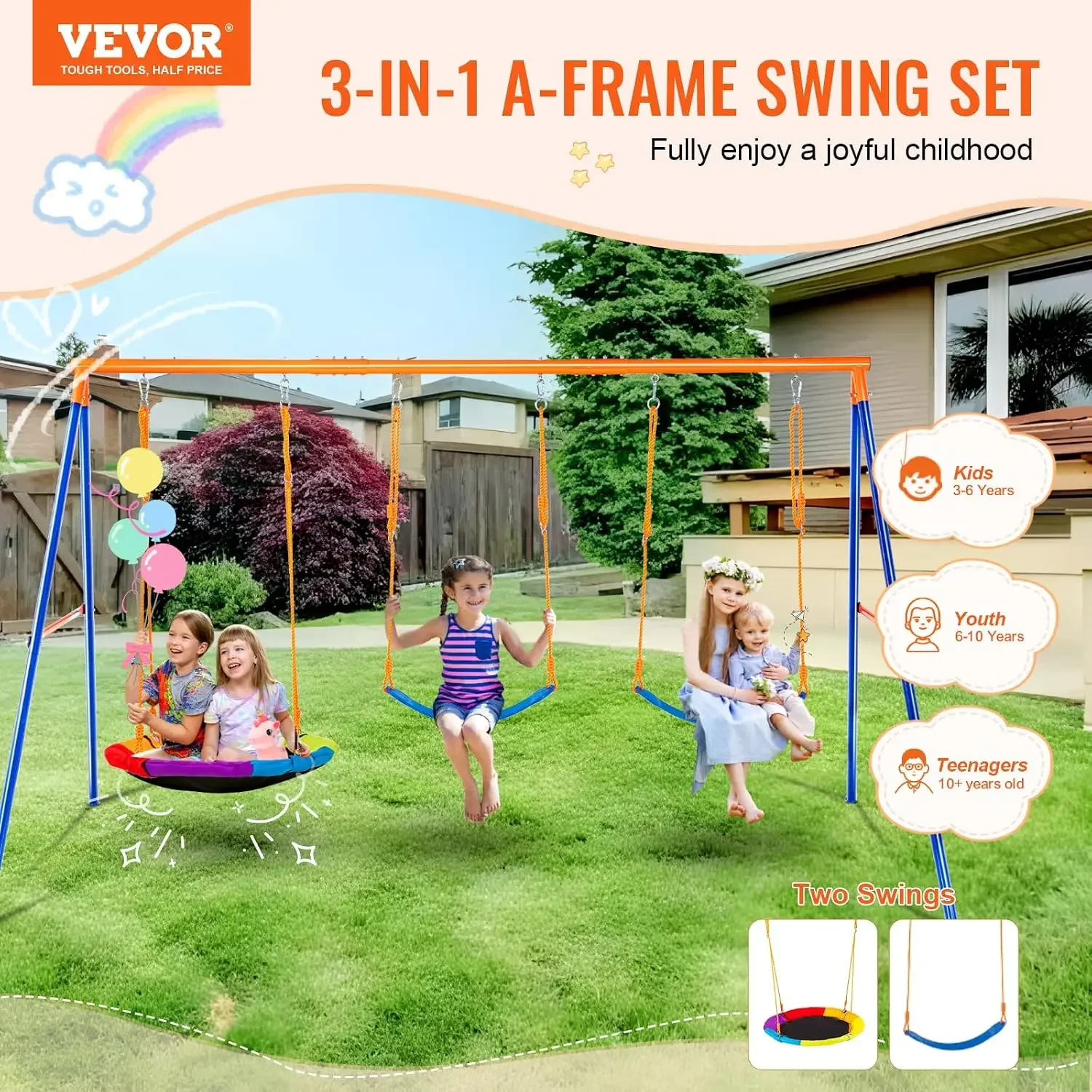 Heavy Duty Backyard Metal Swing Set With Saucer Belt Seats And Adjustable Ropes