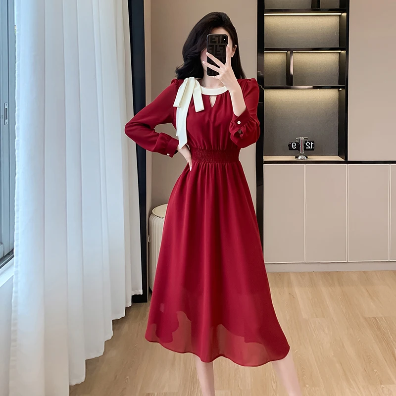 Fashion Spring Wine Red Chiffon Midi Dress Designer Women Lace Up Bow O Neck Long Sleeve Elastic Waist Office Ladies Vestidos