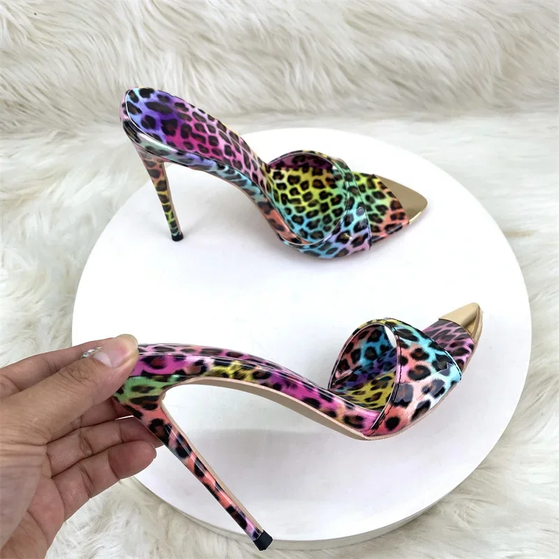 Colour Leopard Print High Heeled Slippers for Women with Thin Heels, Pointed Toes Exposed Toes High Heels 12cm Sexy Sandals