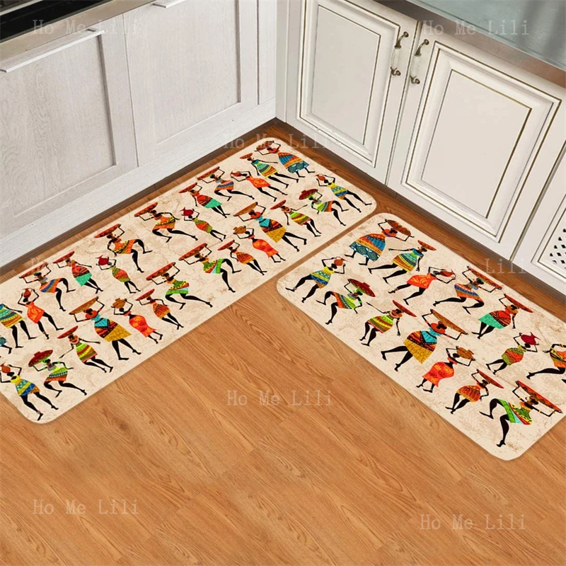 Flannel Kitchen Rug Sets Non Slip African Tribes Black Women Colorful Ethnic Costume Dress Dancing Decorative Home Carpets