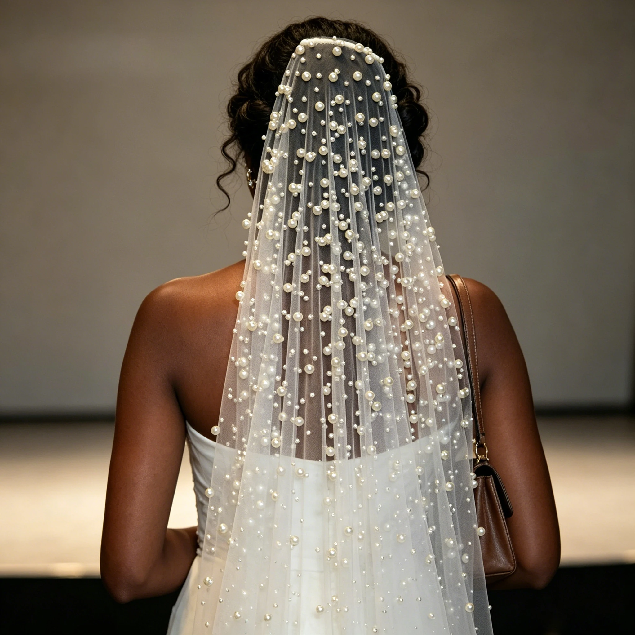 

Luxury Bridal Veil 1-layer Rich Pearl Adorned Soft Cathedral Train Tulle for Elegant Romantic Wedding Accessories /Headwear G139