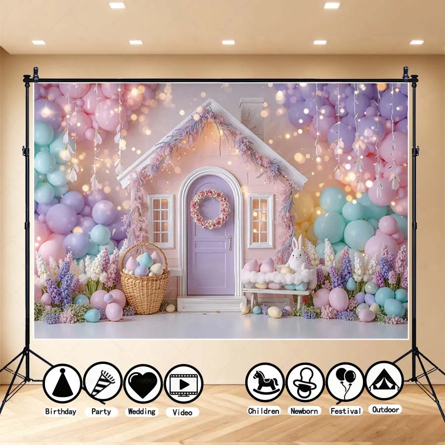 

MOON.QG Easter Day Pastel Candy House Backdrop Dreamy Floral Cottage With Balloon Arch Photo Background For Kids Portrait Decor