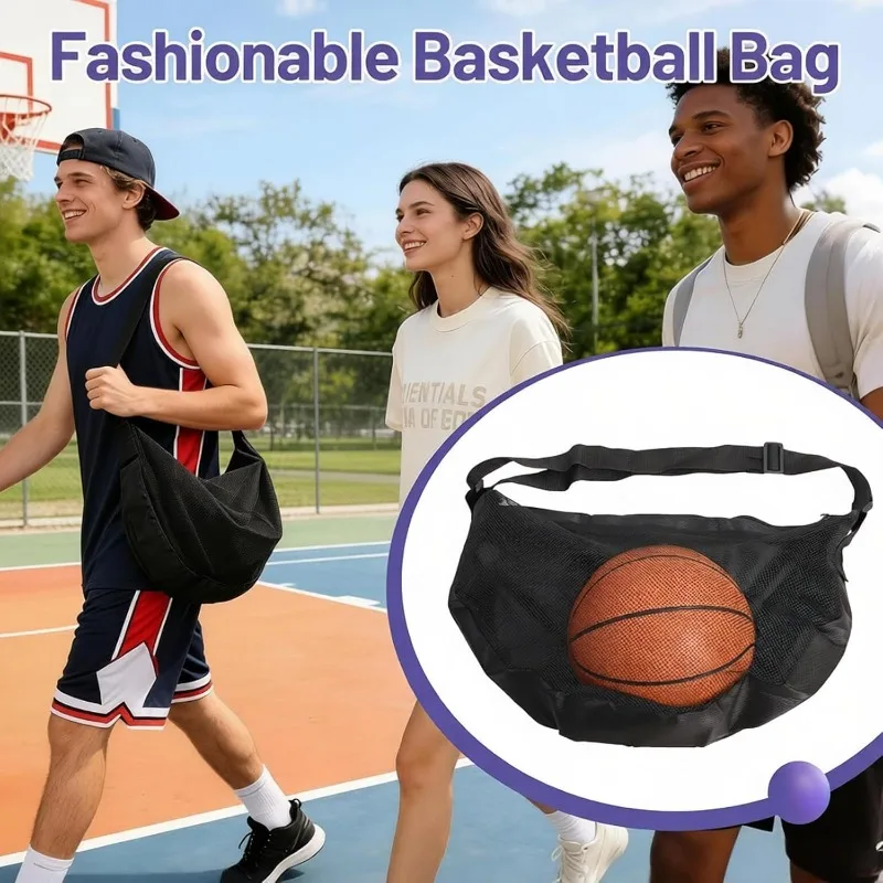 Anti-Tear Mesh Durable Single Ball Bag Fits Size 7 Basketball Soccer Volleyball Crossbody Carrier With Adjustable Strap & Zipper view 4