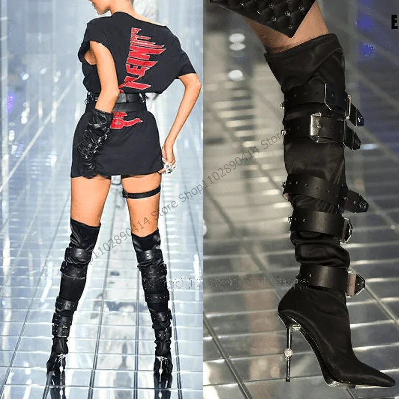 

Black Belt Fastener Pointed Toe Metal Heel Boots Thigh High Women Shoes Thin High Heels Fashion Runway 2023 Zapatos Para Mujere