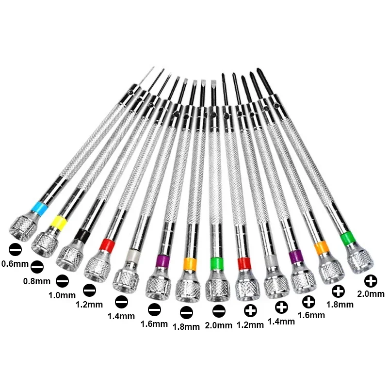 13pcs/set Steel Watch Screwdriver Portable Watch Repair Tools 0.6mm-2.0mm Slotted/Cross Removal Link Pins for Watchmaker Tools