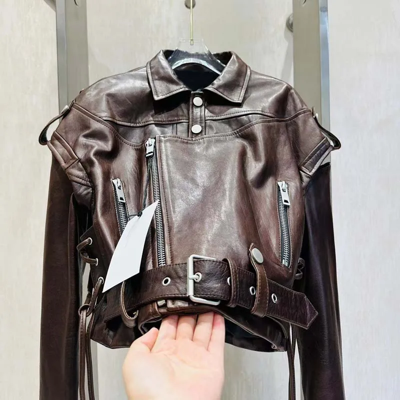 Women Coat Spring And Autumn 2023 Short Length Genuine Leather Jacket With Belt Vintage To Do Old Craft Sleeve Removable