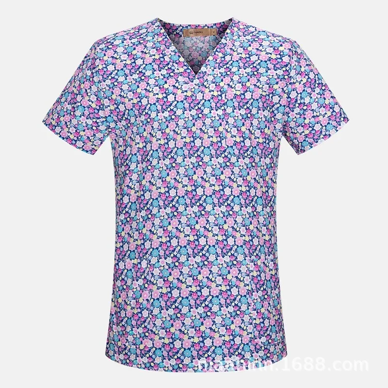 Uniforme de enfermera con estampado Animal para mujer, Top de manga corta con cuello en V, Tops de trabajo para salón de belleza, ropa de trabajo con estampado de dibujos animados