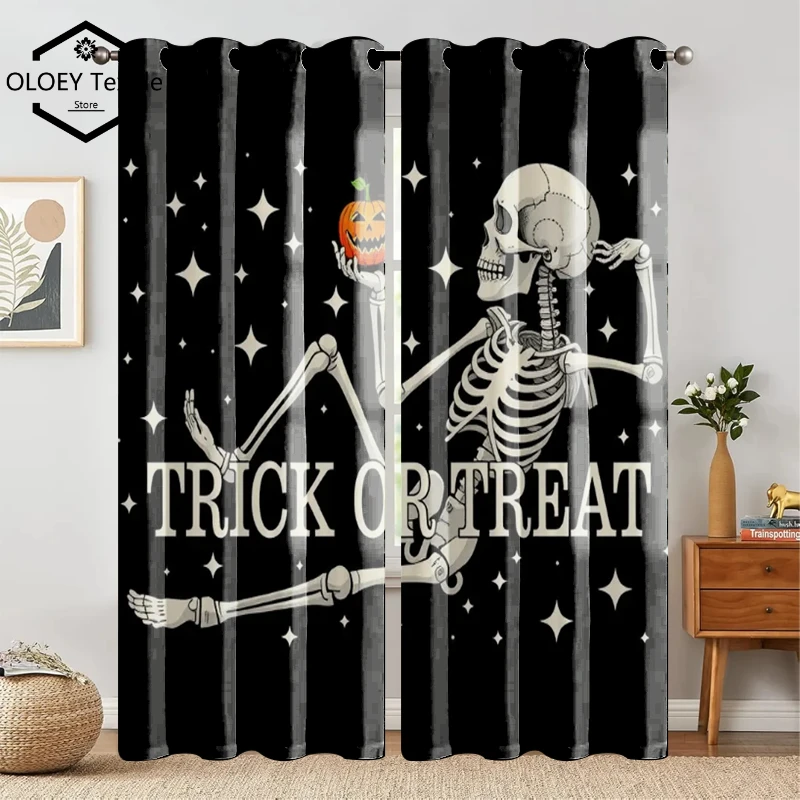 

Skeleton Man Holding Pumpkin Print Curtains - Customized Patterns Curtains for Living Room Bedroom Window Drapes Halloween