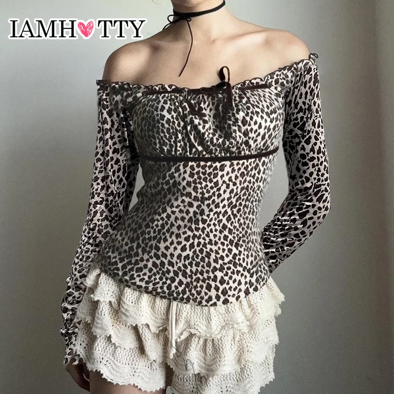 IAMHOTTY Y2K Leopard Print Top Women's Autumn Spring Lace-up Bow T-shirt Square Collar Long Sleeve Tees Coquette Aesthetic Women