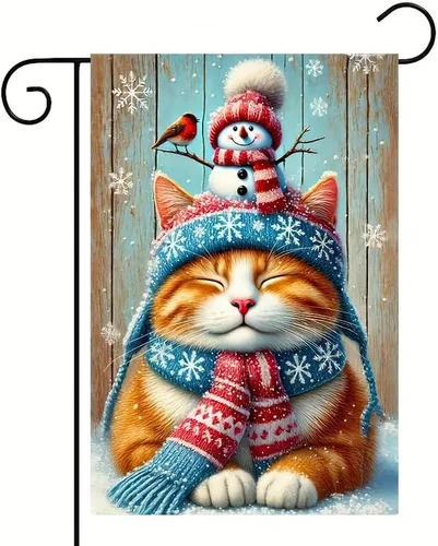 Christmas Garden Flag 12 X 18 Double-Sided Winter Snowman Cat Garden Flag with R JJE DDI GGX