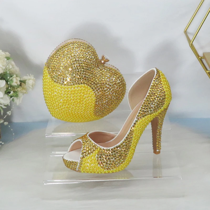 BaoYaFang Brand Women wedding shoes and bags bridal High heels platform shoes Ladies Party shoes heart purse Open Toe Golden