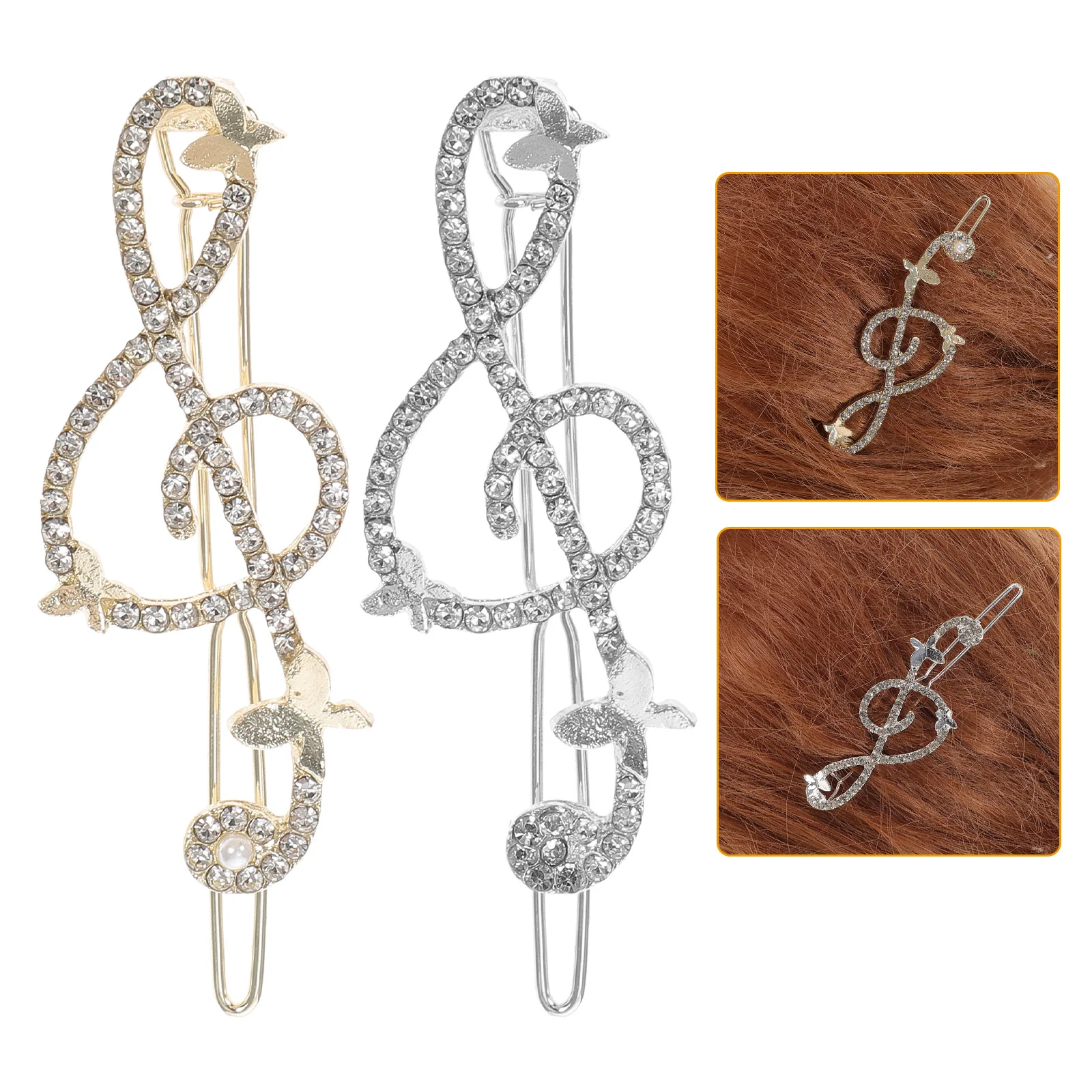 

2 Pcs Product Hairpin Musical Note Clip Bobby Alloy Girl Women Barrette Rhinestone