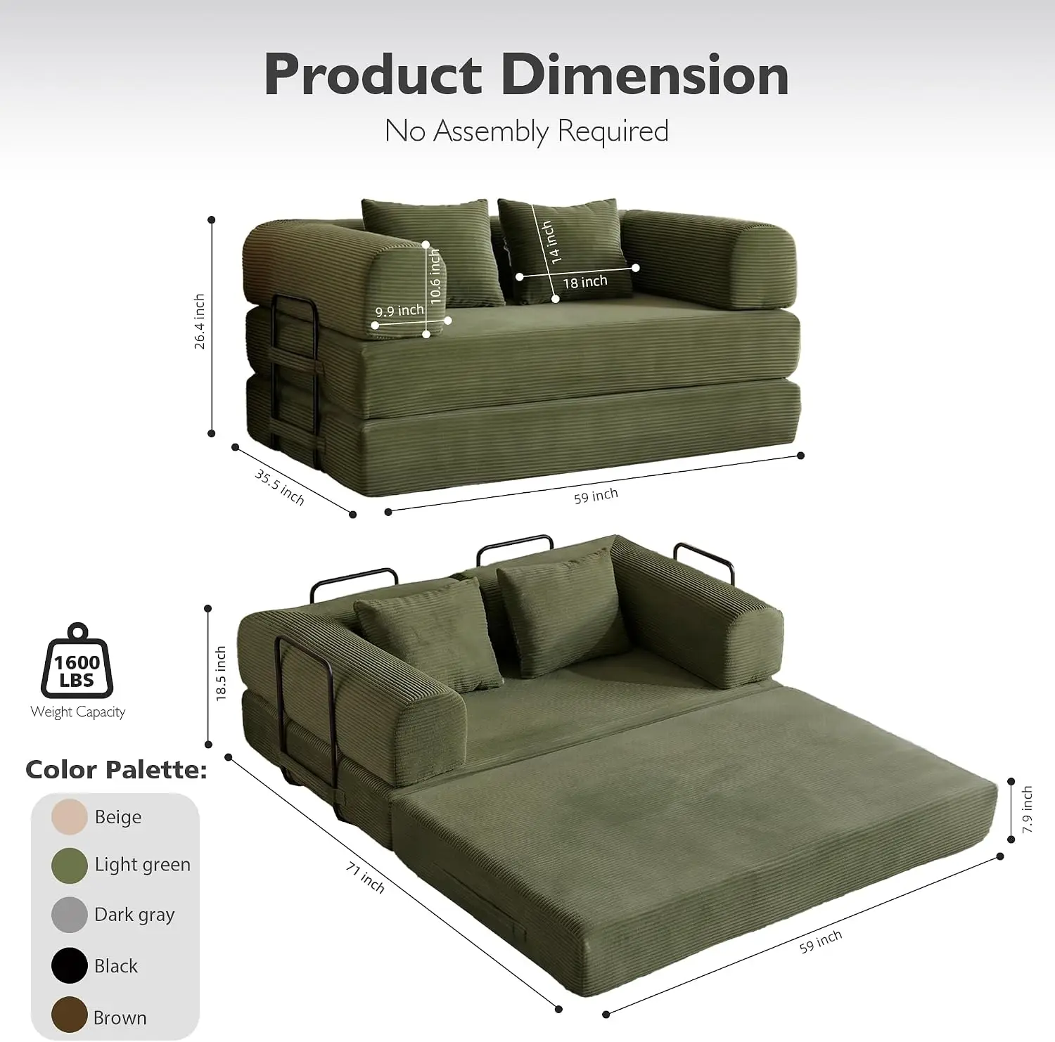 59in Boneless Couch Convertible Futon Sofa Bed Queen for Small Space