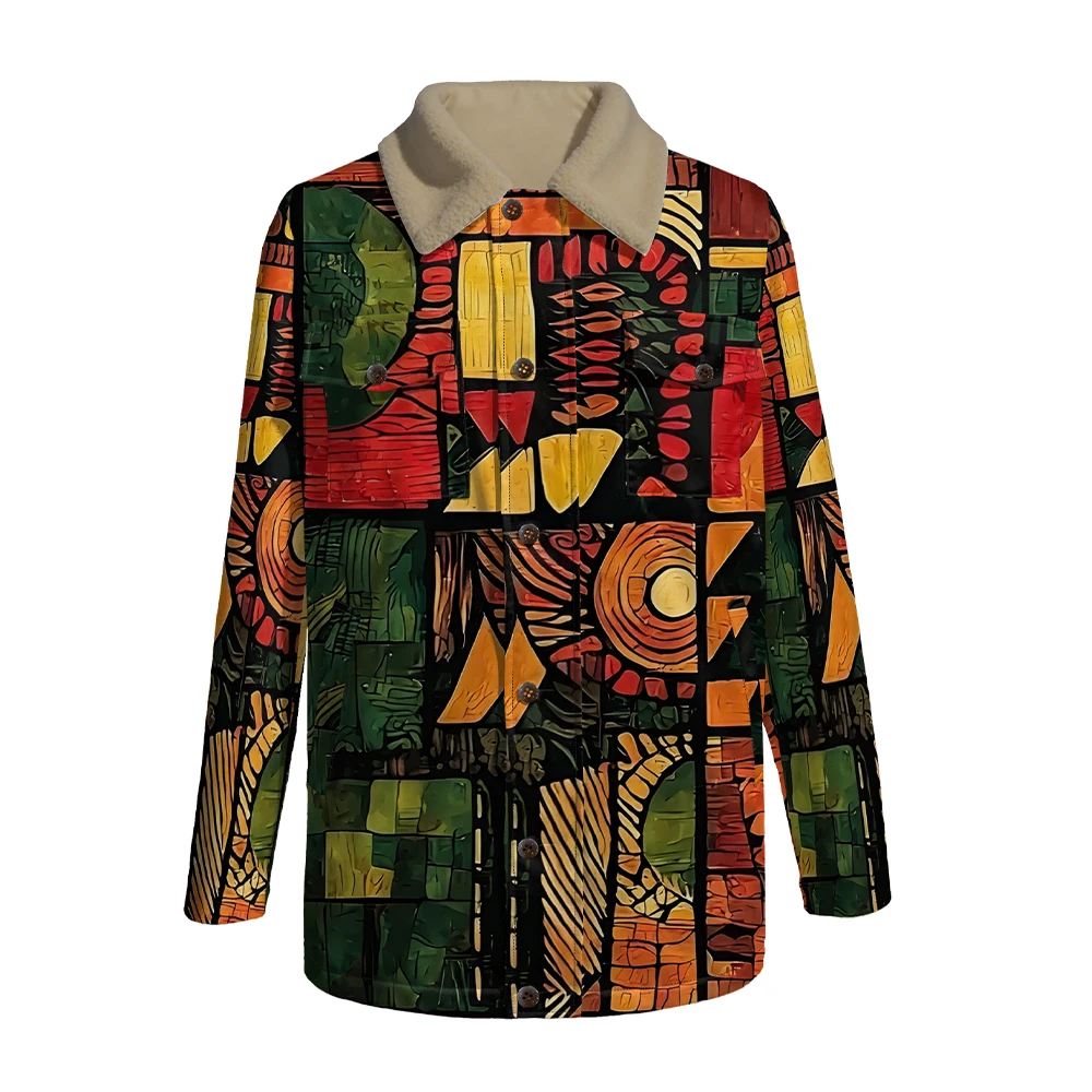 Retro Geometric Outerwear Long Coats Zebra Elephant Jungle 4 Pockets Windproof Fleece Collar Parka Reel Trend Warm Winter Jacket