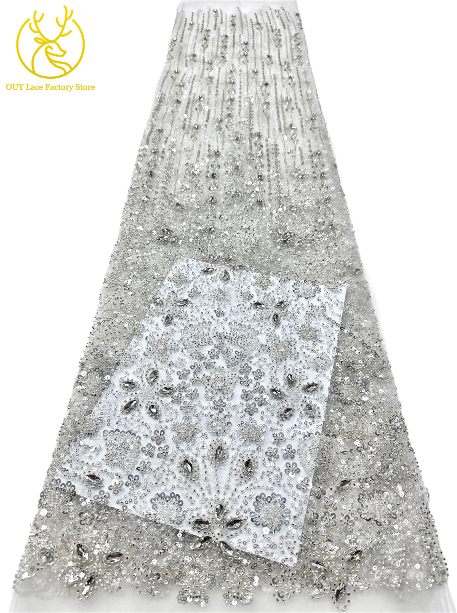 2026 Luxuriöser französischer Mesh-Spitzenstoff mit Perlen und Steinen, marineblau, afrikanischer nigerianischer Edelstein-Pailletten-Spitzenstoff zum Nähen von Hochzeitskleidern – Detail 9