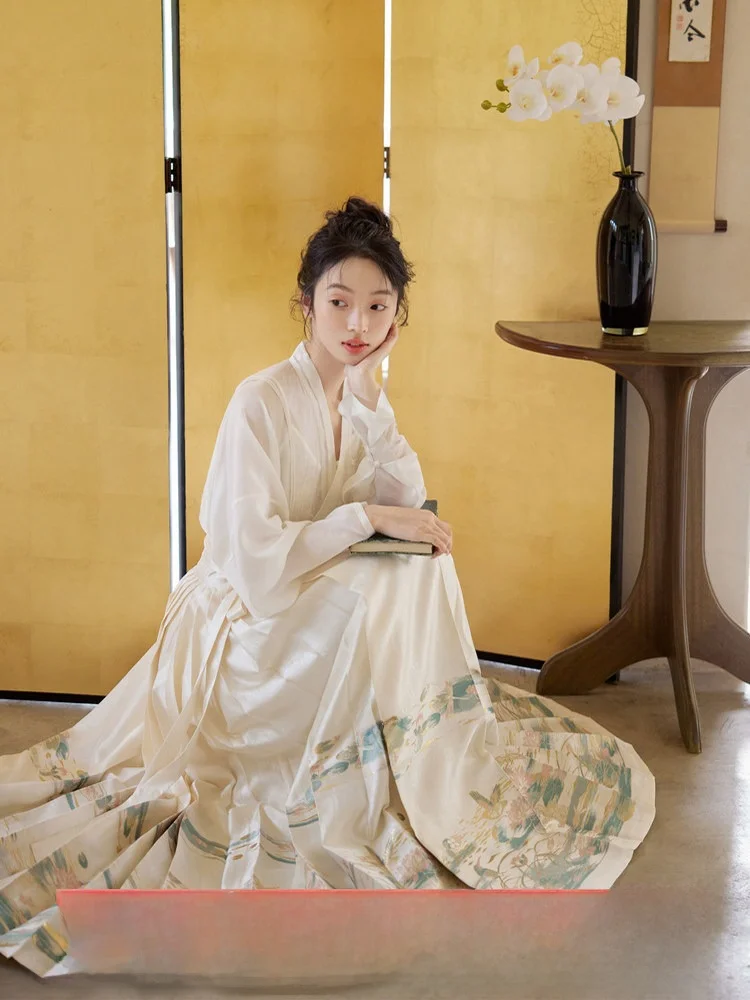 

July Evening Original New Chinese Sle round Ne ort irt Beige Tailed Skirt Hanfu Set Women Summer New Arrival