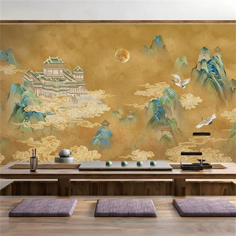 Custom New Chinese ancient palace pavilion wall cloth hotel decoration relief wallpaper background 3D mural hotel pack wallpaper