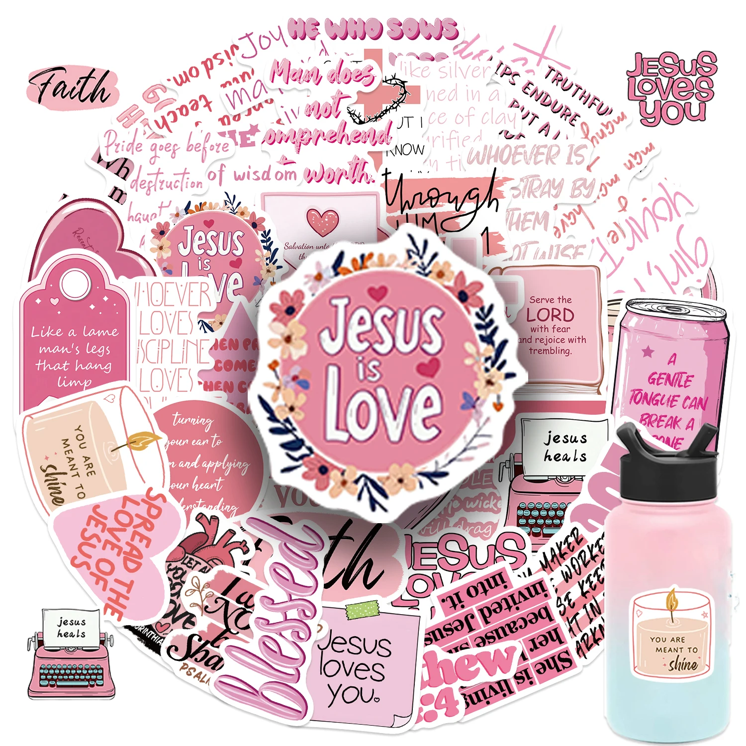 Pack d'autocollants roses Bible jésus, 50 pièces, autocollants de motivation pour bouteille d'eau, autocollants de citation en vinyle, autocollants positifs d'affirmation