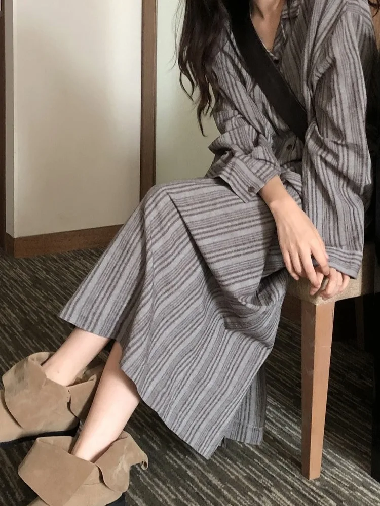 

Ретро полосатый комплект с юбкой для похудения с высокой талией, красивый весенний ансамбль, женская полосатая юбка с высокой талией