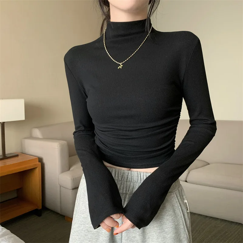 Turtleneck Pleated T-shirts Women Crop Tops Kpop Slim Y2K Tees Shirts Korean Fashion Vintage Cheap Clothes Woman Autumn Tshirts