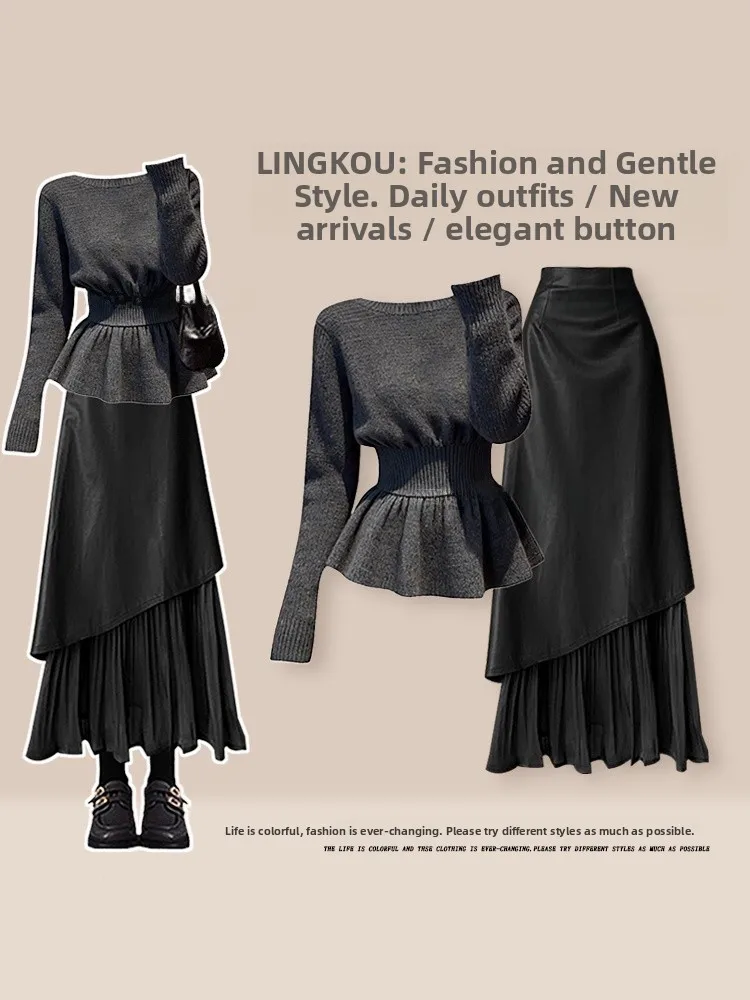 

Light Maturi Sle Women's Knitted Sweater And Skirt Set Autumn Winter Season High Waist Long Sve Faion Ensemble