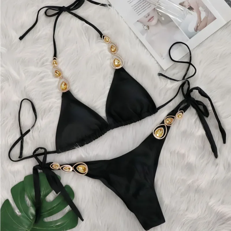 Black Sexy Bikinis 2026 Swimsuit With Rhinestones Women Swimwear Female Push Up Bikini Beach Swim Wear Bathing Suit Pool Bather