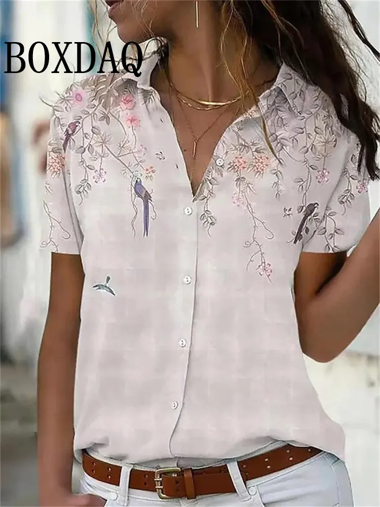 Summer Chic Women\'s Lapel Short-Sleeved Loose Shirts Spring Single-Breasted Tops Casual Flower Printed Blouses Women\'s Clothing