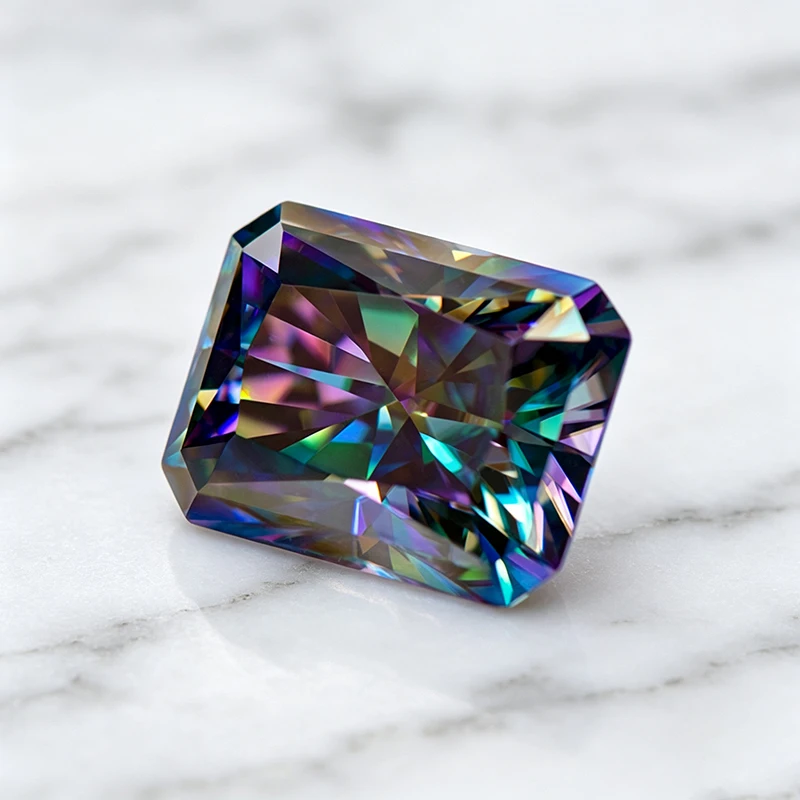 Moissanit-Stein im Radiant-Schliff, Regenbogengrün, Laborgezüchteter Edelstein für DIY-Charms und Schmuckherstellung, Besteht Diamanttester mit Zertifikat – Detail 3