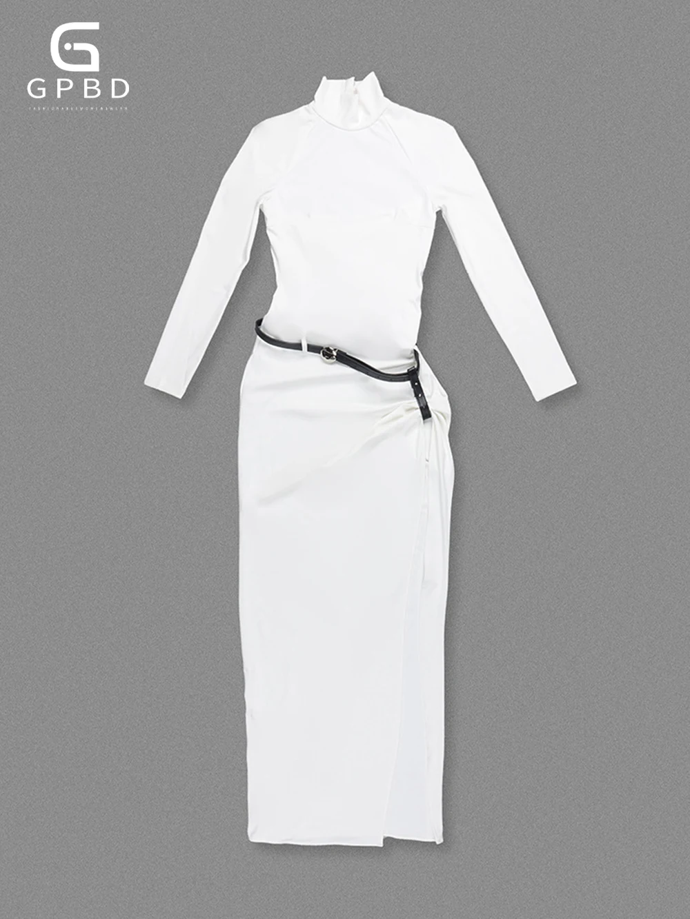 2025 جديد الأبيض الياقة المدورة كم طويل انقسام حزام الخصر تصميم مطاطا التخسيس فستان طويل ملابس عصرية نسائية #3