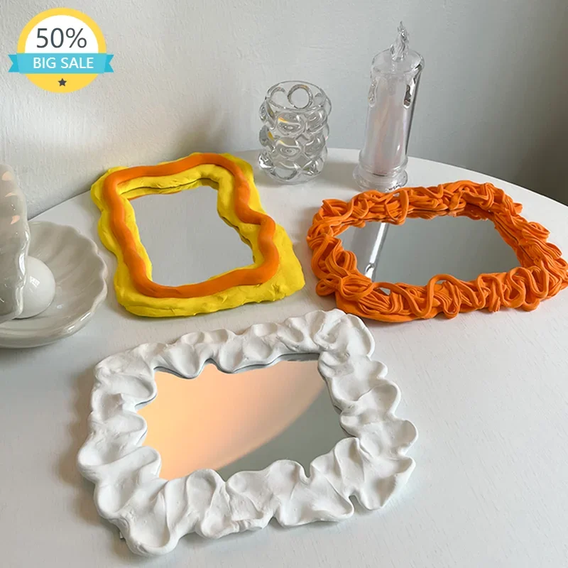

Clay Decorative Frame Wall Mirror Art Aesthetic Desk Decoration DIY Nordic Irregular Mirror Makeup Miroir Mural Baby Home Design