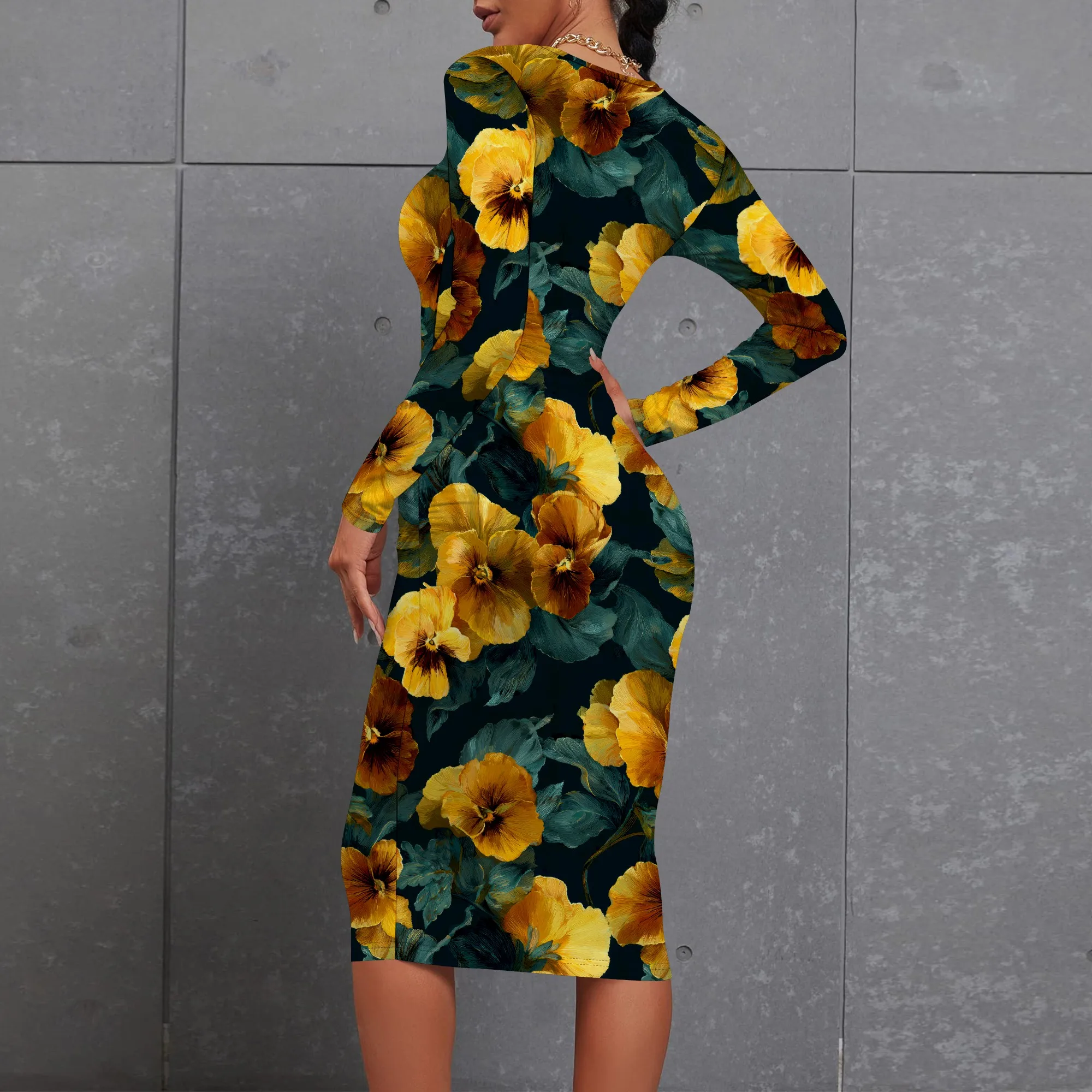 Sukienka Nupusa w czarno-żółty wzór kwiatowy dla kobiet, rozmiar regularny, codzienna, z okrągłym dekoltem, długi rękaw, dopasowana sukienka midi.