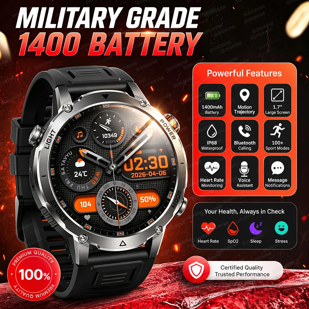 Nouveau 1400mAh ultra grande batterie montre intelligente hommes AMOLED horloge de sport extérieur IP68 imperméable Bluetooth appelant LED tache cardiaque lampe de poche Sports Smartwatch