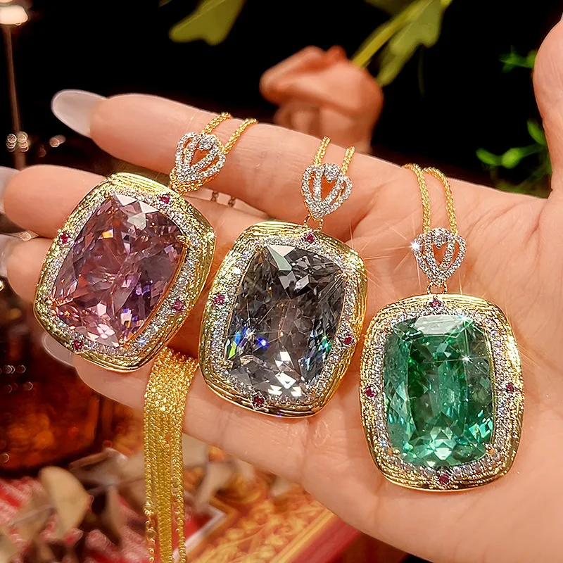 Luxury Cushion Cut Big Gemstone Necklace for Women Crown Bail Red Accent Zirconia Statement Necklace Wedding Party Jewelry Gift
