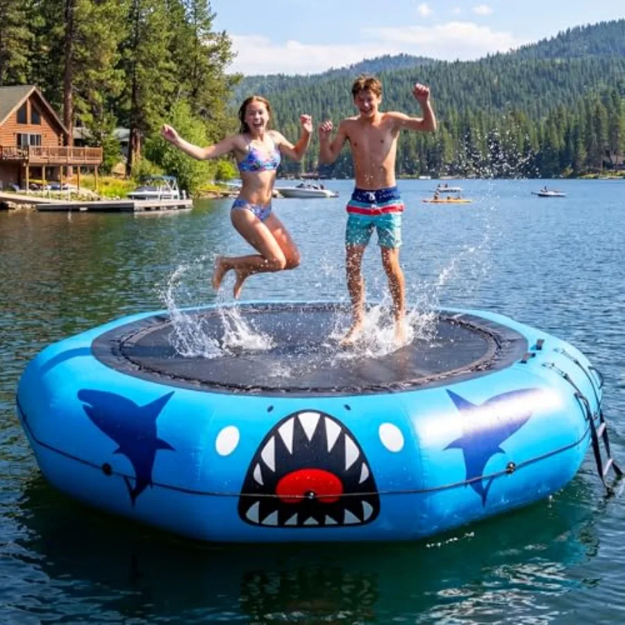 Inflatable Water Trampoline for lake pool ocean use heavy-duty PVC material blue color includes pump steel anchors ladder for f
