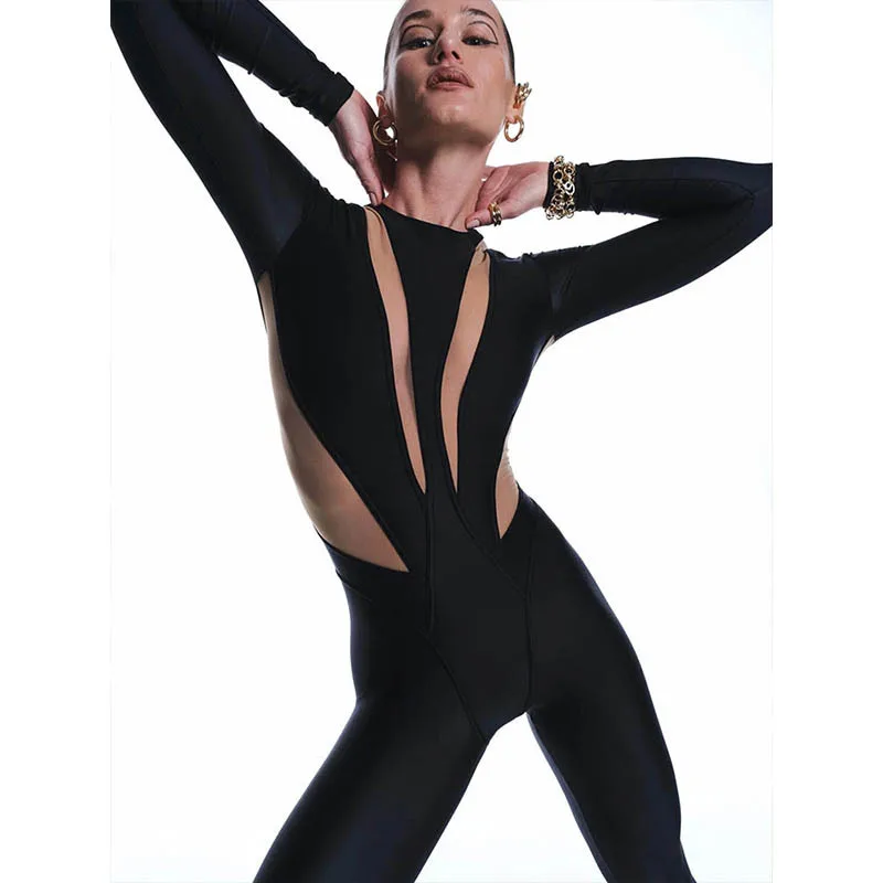 

Round Neck Long Sleeve Color Block Mesh Cut Out Jumpsuit Women High Stretch Bodycon Catsuit