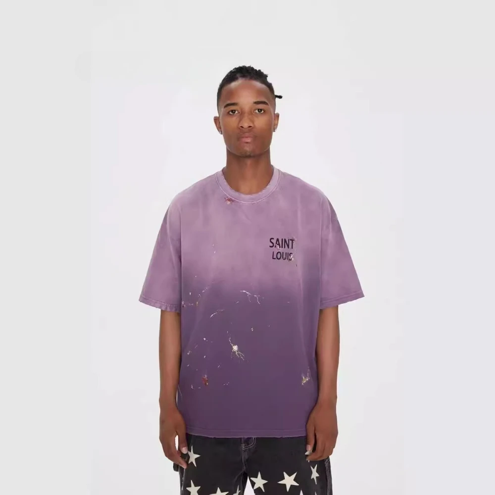 

SSSAINT LOUIS Handmade distressed and dirty ink-painted damaged logo short-sleeved casual loose-fit trendy summer T-shirt