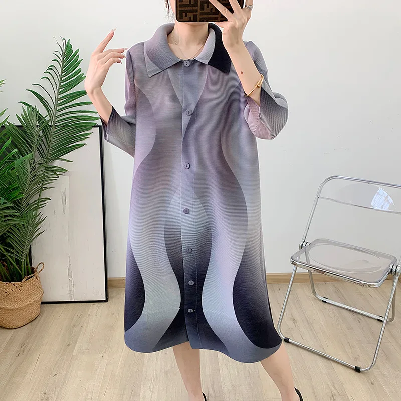 Miyake Pleated Gradient Cardigan 2025 Spring/summer New Comfortable Pleat Seven Quarter Sleeve Lapel Fashionable Outer Set